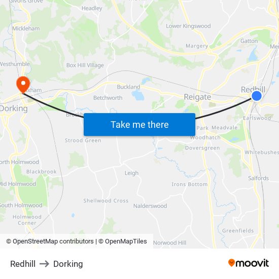 Redhill to Dorking map