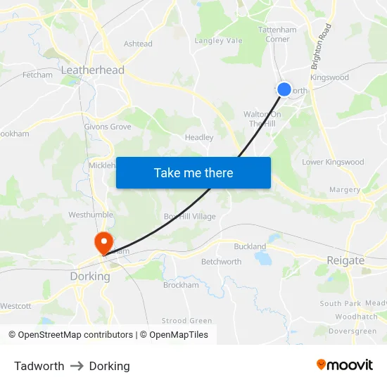Tadworth to Dorking map