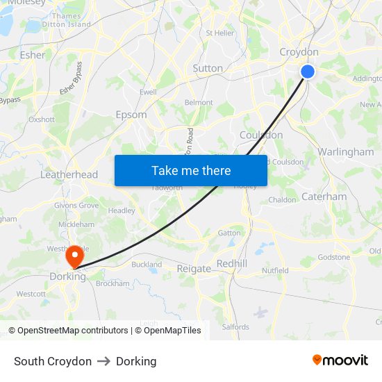 South Croydon to Dorking map