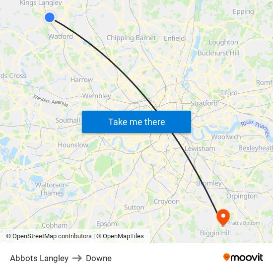 Abbots Langley to Downe map