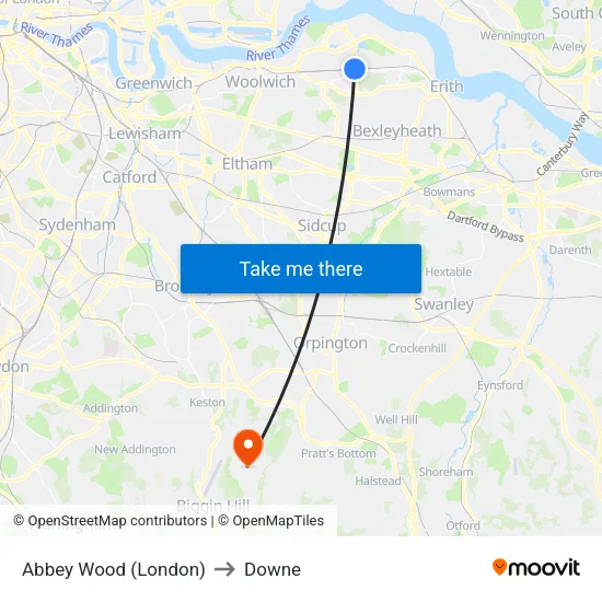 Abbey Wood (London) to Downe map