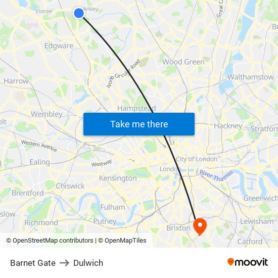 Barnet Gate to Dulwich map