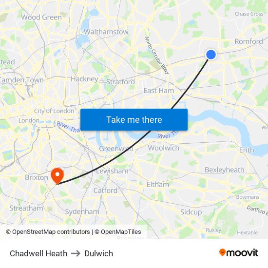 Chadwell Heath to Dulwich map