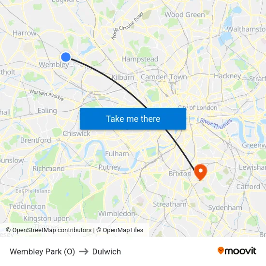 Wembley Park (O) to Dulwich map