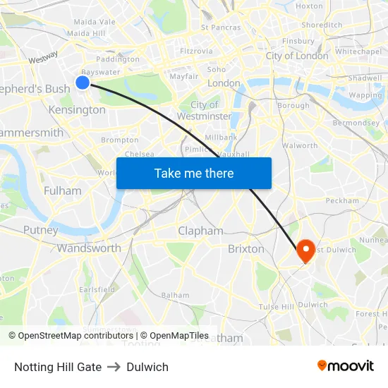 Notting Hill Gate to Dulwich map
