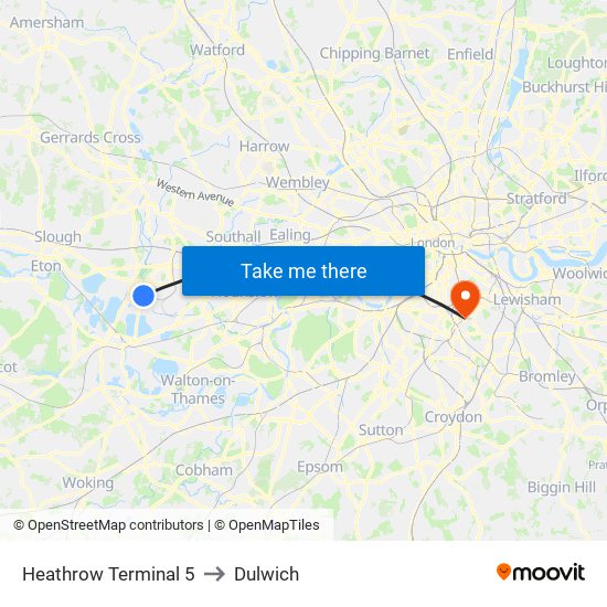 Heathrow Terminal 5 to Dulwich map