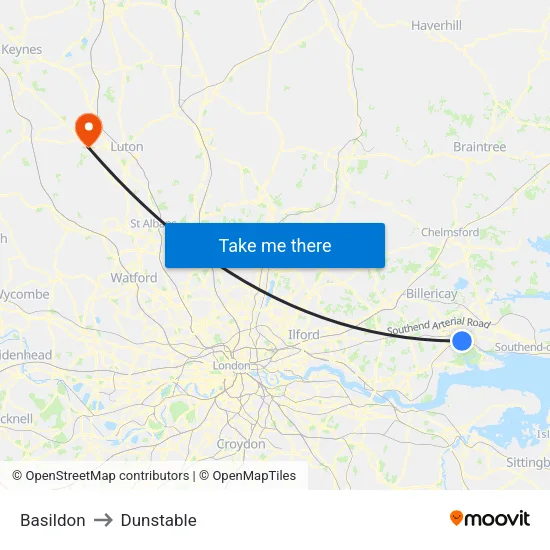 Basildon to Dunstable map