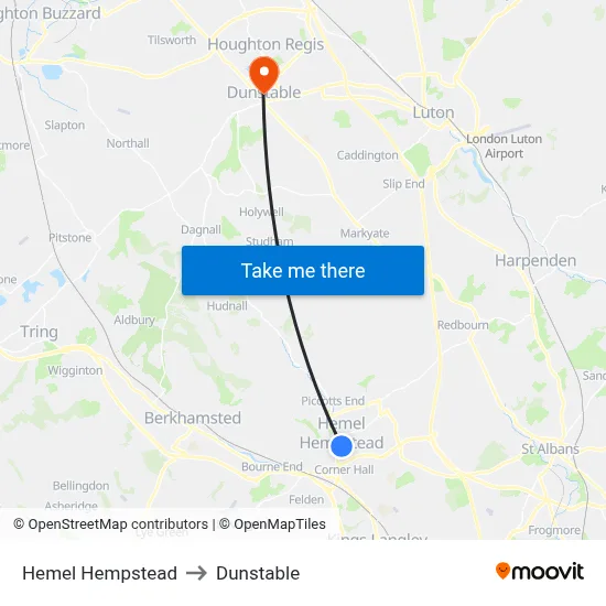 Hemel Hempstead to Dunstable map