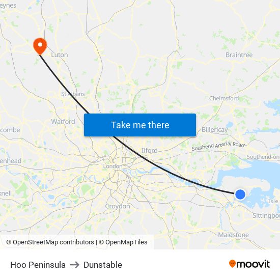 Hoo Peninsula to Dunstable map