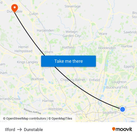 Ilford to Dunstable map