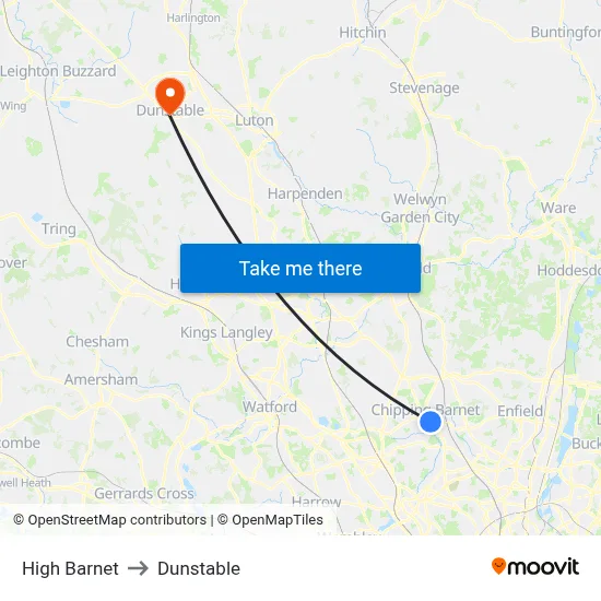 High Barnet to Dunstable map