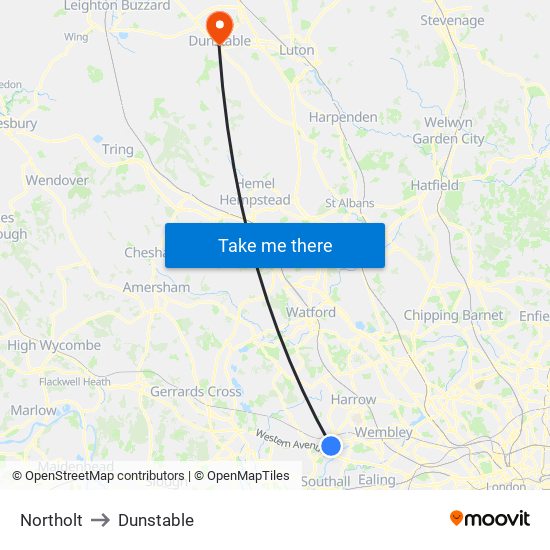 Northolt to Dunstable map