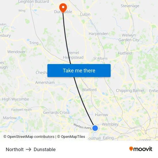 Northolt to Dunstable map