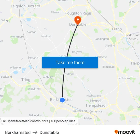 Berkhamsted to Dunstable map
