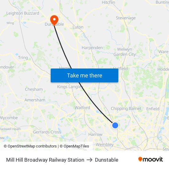 Mill Hill Broadway Railway Station to Dunstable map