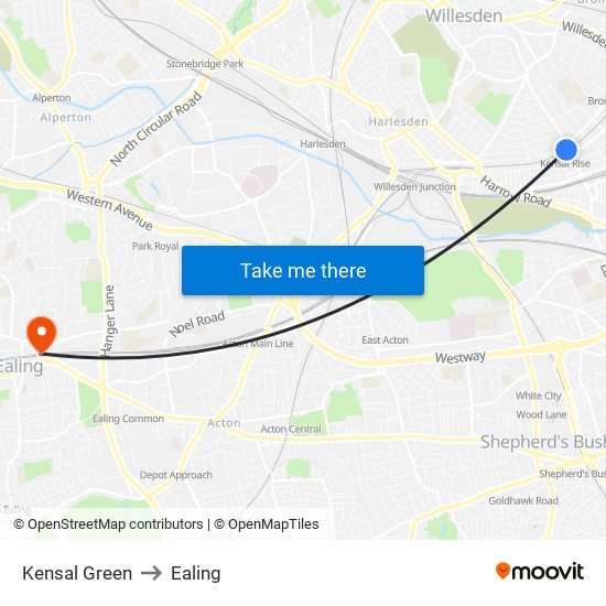 Kensal Green to Ealing map