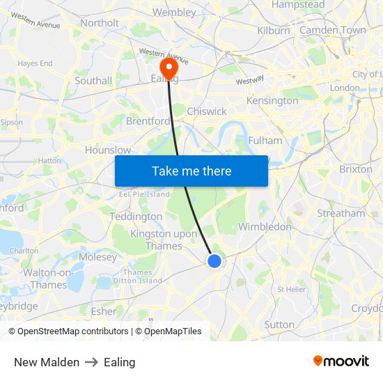 New Malden to Ealing map