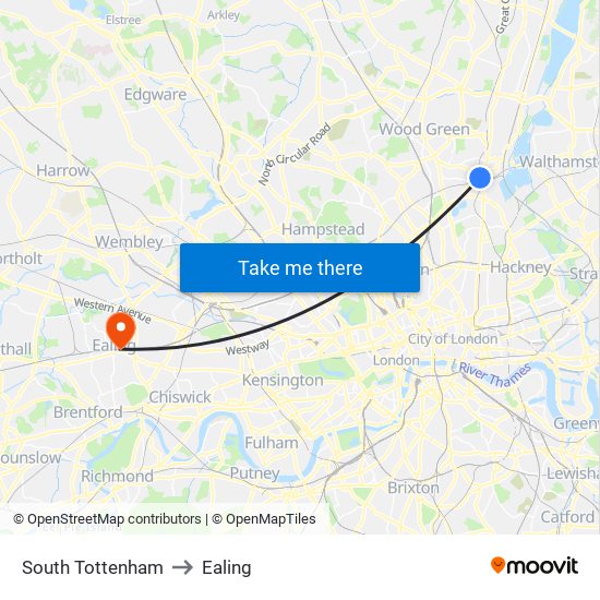 South Tottenham to Ealing map