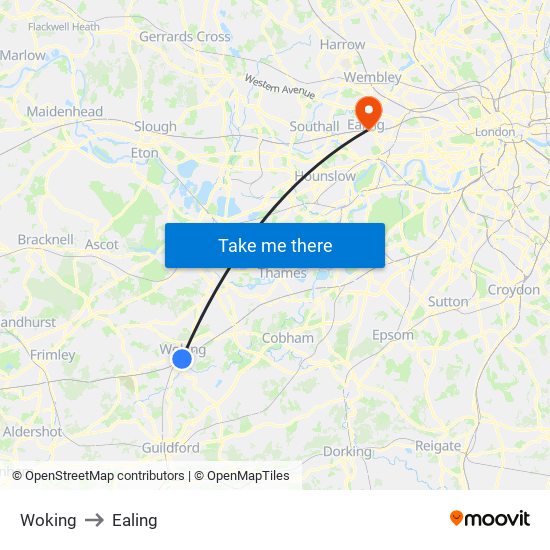 Woking to Ealing map