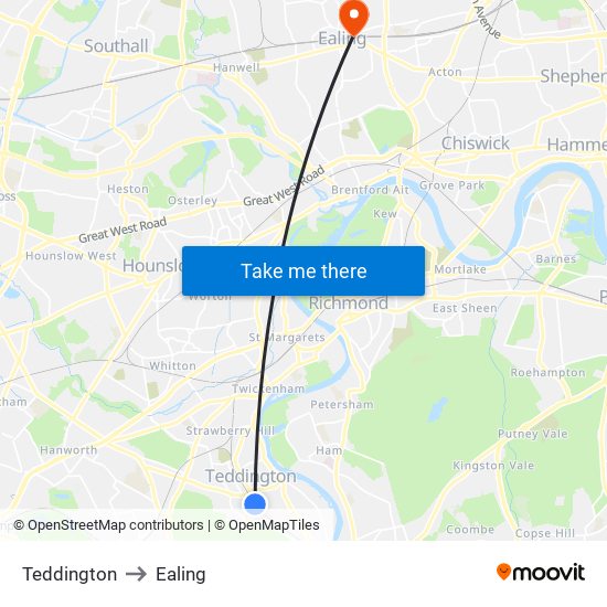 Teddington to Ealing map