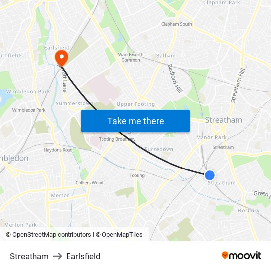 Streatham to Earlsfield map