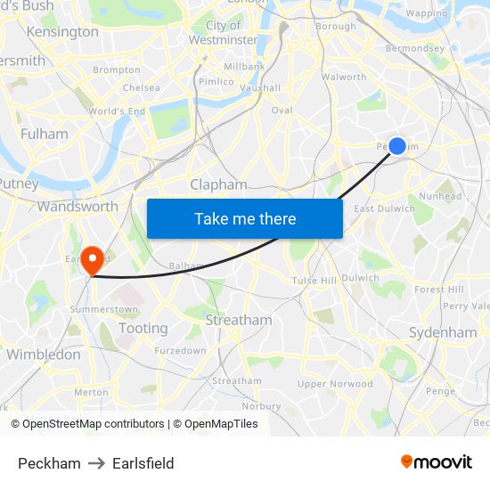 Peckham to Earlsfield map