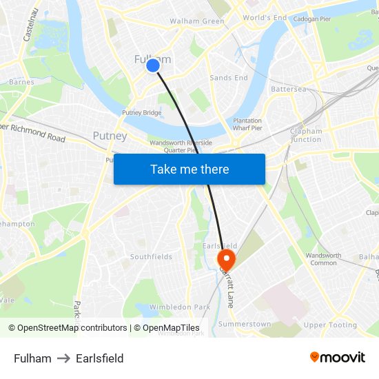 Fulham to Earlsfield map