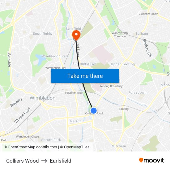 Colliers Wood to Earlsfield map