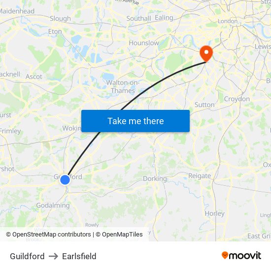 Guildford to Earlsfield map