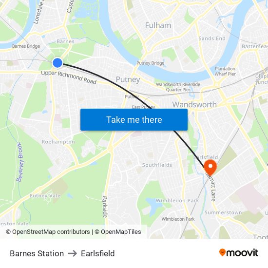 Barnes Station to Earlsfield map