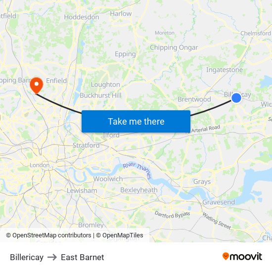 Billericay to East Barnet map