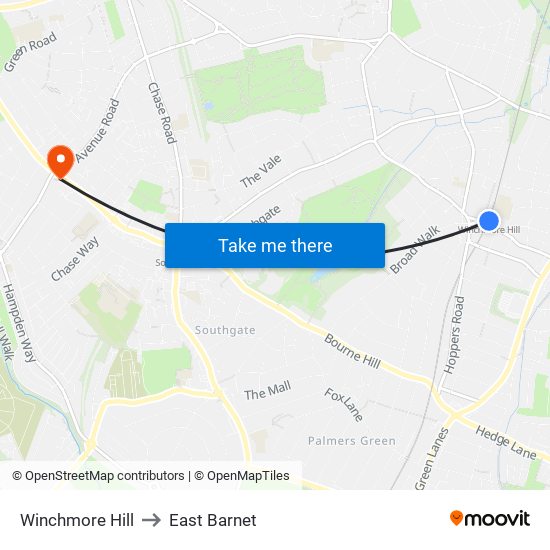 Winchmore Hill to East Barnet map