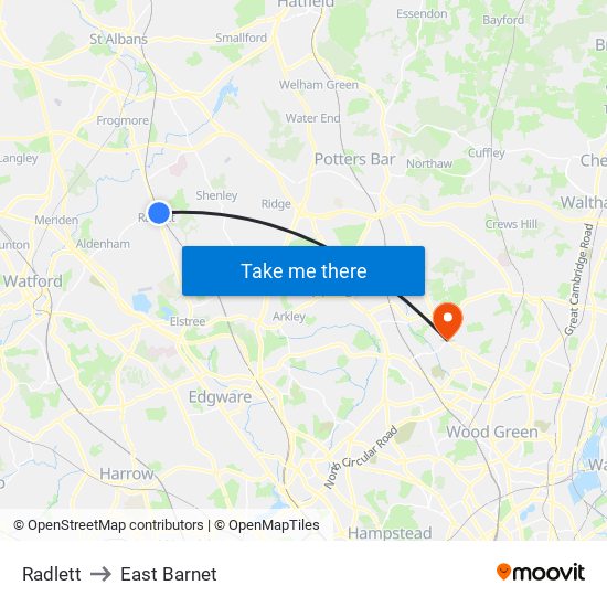 Radlett to East Barnet map