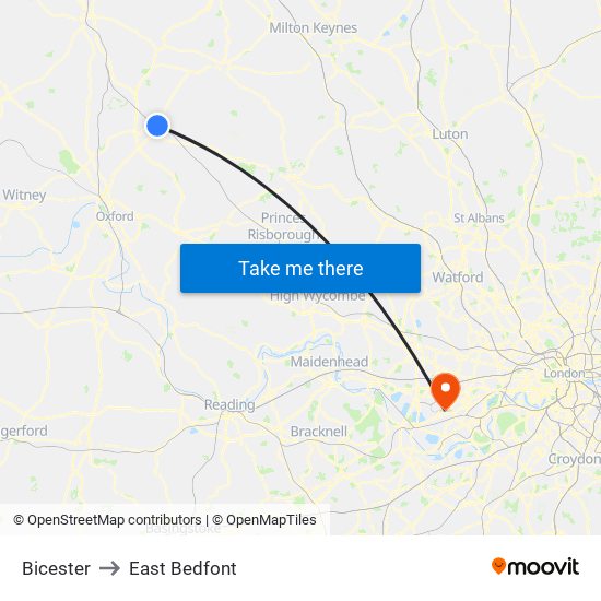 Bicester to East Bedfont map