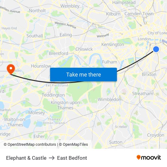 Elephant & Castle to East Bedfont map