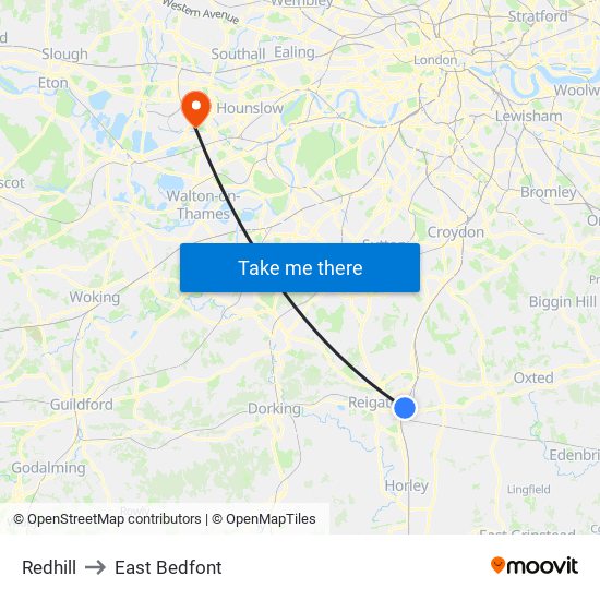 Redhill to East Bedfont map