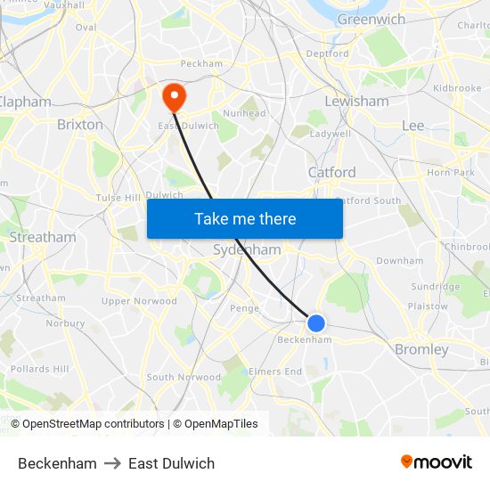 Beckenham to East Dulwich map