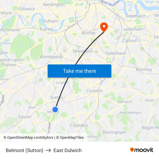 Belmont (Sutton) to East Dulwich map