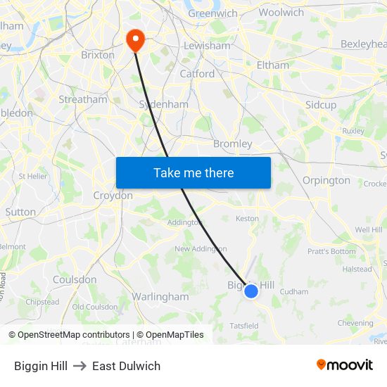 Biggin Hill to East Dulwich map