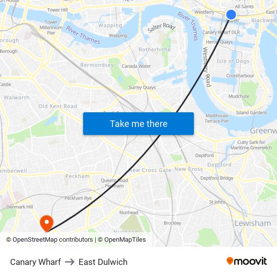 Canary Wharf to East Dulwich map