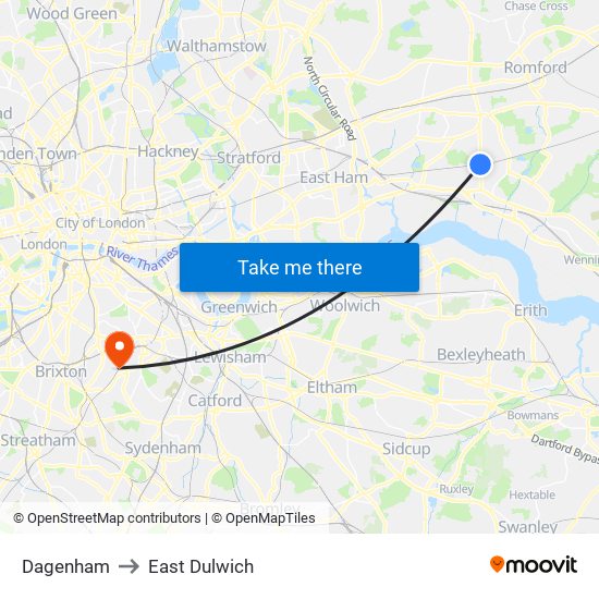 Dagenham to East Dulwich map