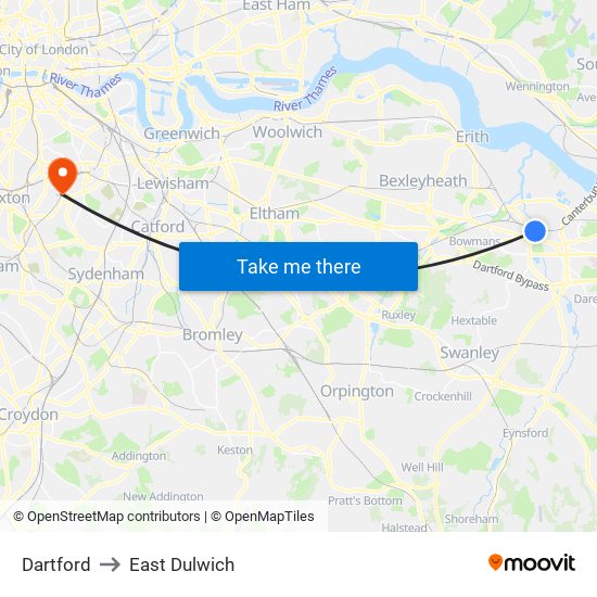 Dartford to East Dulwich map