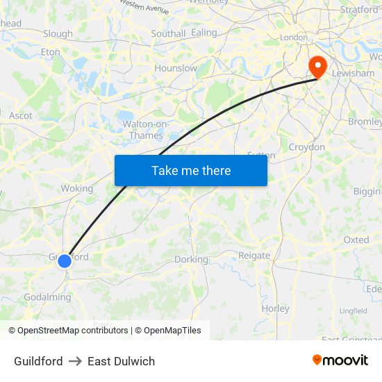 Guildford to East Dulwich map