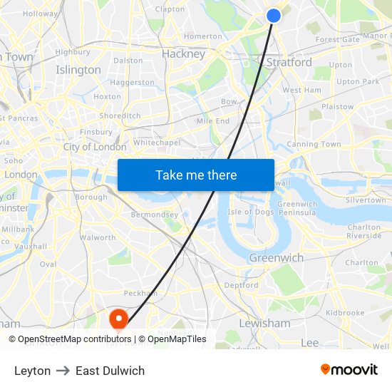 Leyton to East Dulwich map