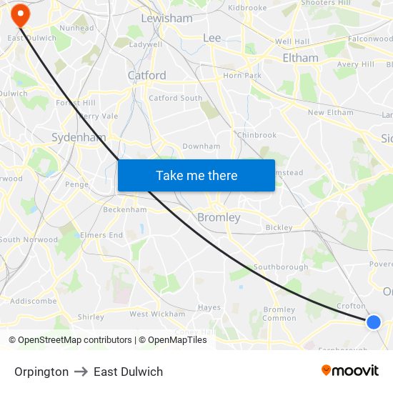 Orpington to East Dulwich map