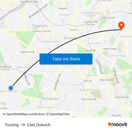 Tooting to East Dulwich map