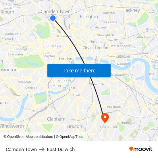 Camden Town to East Dulwich map