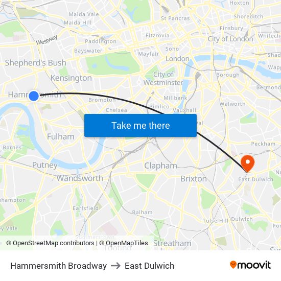 Hammersmith Broadway to East Dulwich map