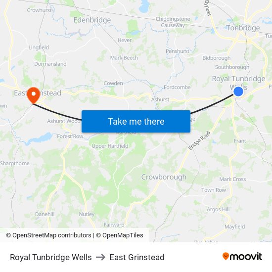 Royal Tunbridge Wells to East Grinstead map