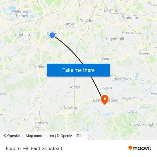 Epsom to East Grinstead map